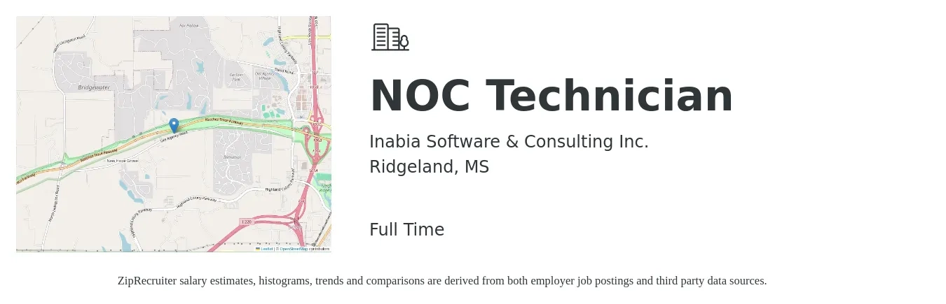 Inabia Software & Consulting Inc. job posting for a NOC Technician in Ridgeland, MS with a salary of $17 to $26 Hourly with a map of Ridgeland location.