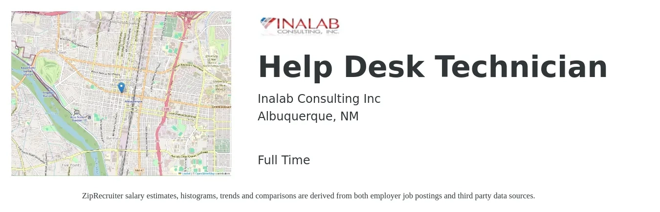 Inalab Consulting Inc job posting for a Help Desk Technician in Albuquerque, NM with a salary of $18 to $24 Hourly with a map of Albuquerque location.