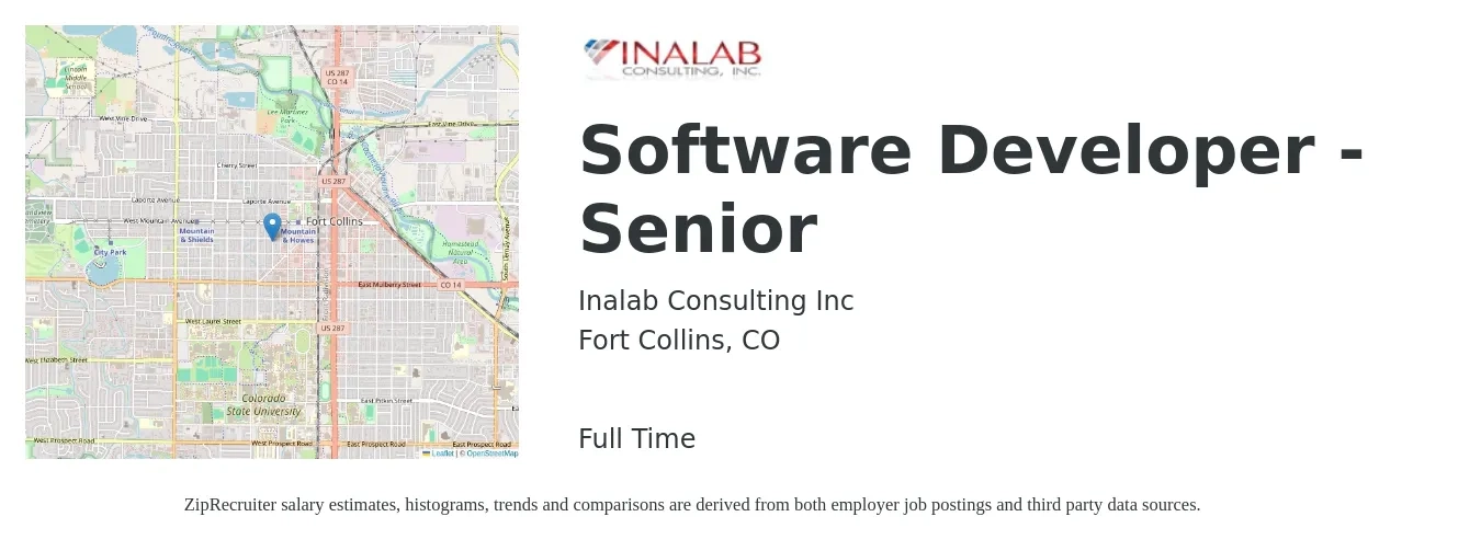 Inalab Consulting Inc job posting for a Software Developer - Senior in Fort Collins, CO with a salary of $53 to $70 Hourly with a map of Fort Collins location.