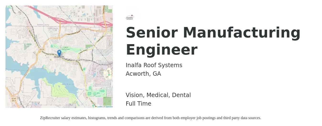 Inalfa Roof Systems job posting for a Senior Manufacturing Engineer in Acworth, GA with a salary of $81,200 to $111,100 Yearly and benefits including life_insurance, medical, retirement, vision, and dental with a map of Acworth location.
