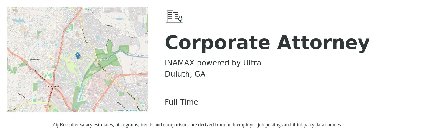 INAMAX powered by Ultra job posting for a Corporate Attorney in Duluth, GA with a salary of $94,800 to $160,200 Yearly with a map of Duluth location.