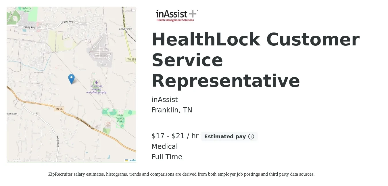 inAssist job posting for a HealthLock Customer Service Representative in Franklin, TN with a salary of $18 to $22 Hourly and benefits including medical, and pto with a map of Franklin location.
