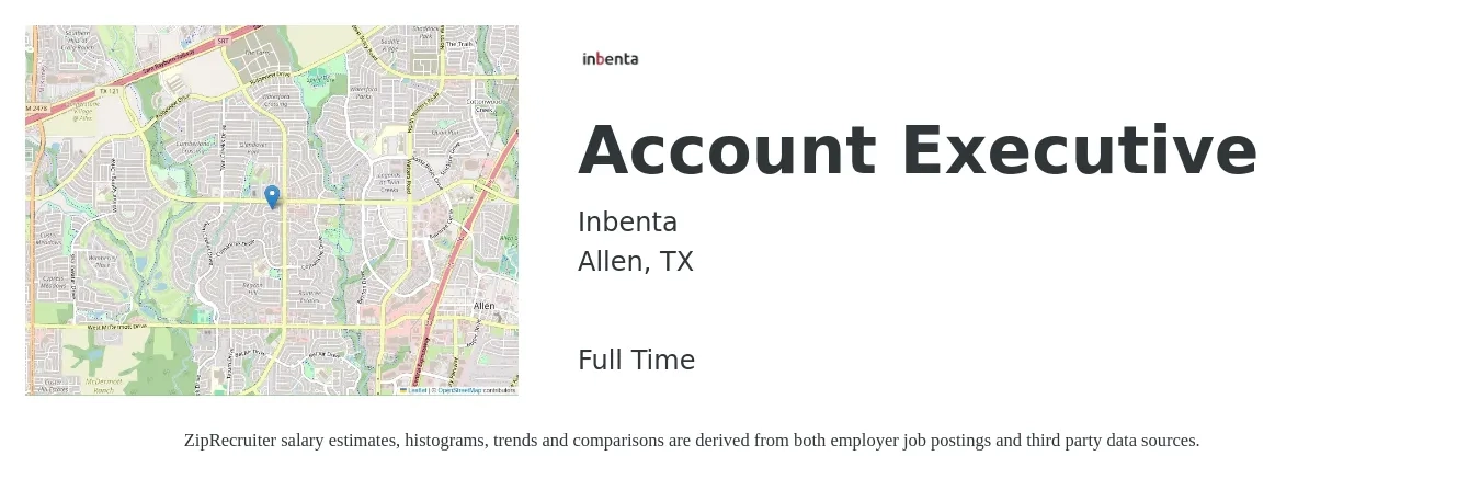 Inbenta job posting for a Account Executive in Allen, TX with a salary of $50,200 to $88,400 Yearly with a map of Allen location.