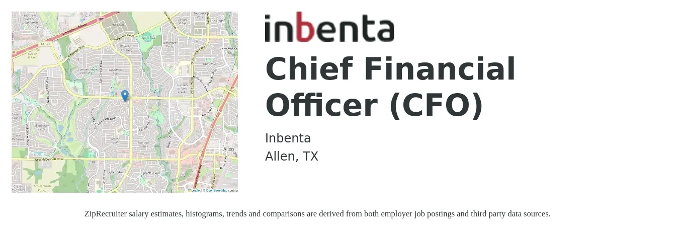 Inbenta job posting for a Chief Financial Officer (CFO) in Allen, TX with a salary of $131,200 to $372,100 Yearly with a map of Allen location.