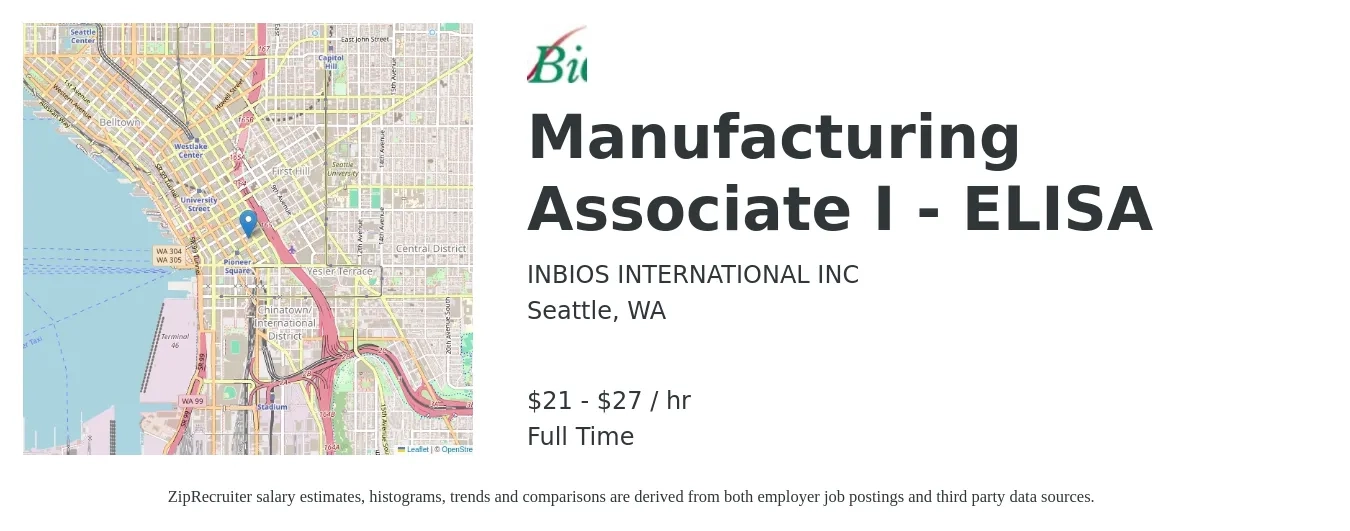 INBIOS INTERNATIONAL INC job posting for a Manufacturing Associate I - ELISA in Seattle, WA with a salary of $22 to $29 Hourly with a map of Seattle location.