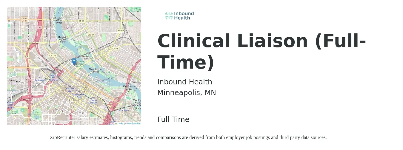 Inbound Health job posting for a Clinical Liaison (Full-Time) in Minneapolis, MN with a salary of $78,000 to $85,000 Yearly with a map of Minneapolis location.