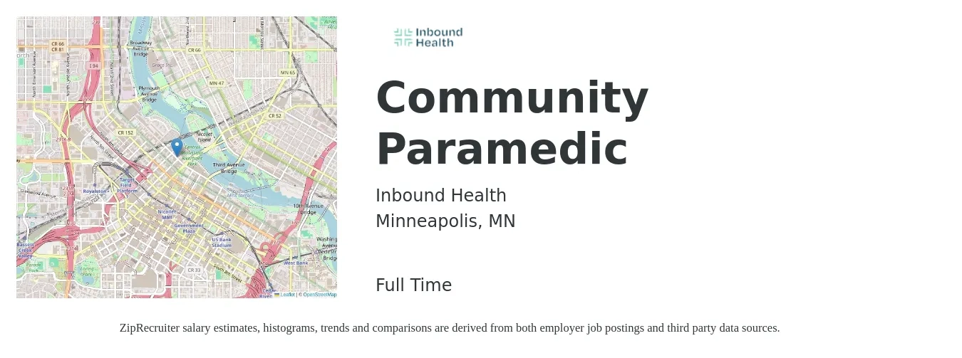 Inbound Health job posting for a Community Paramedic in Minneapolis, MN with a salary of $23 to $32 Hourly with a map of Minneapolis location.