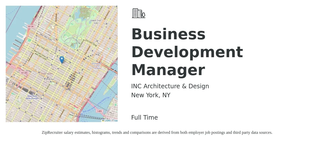 INC Architecture & Design job posting for a Business Development Manager in New York, NY with a salary of $90,000 to $110,000 Yearly with a map of New York location.