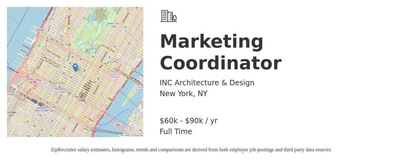 INC Architecture & Design job posting for a Marketing Coordinator in New York, NY with a salary of $60,000 to $90,000 Yearly with a map of New York location.