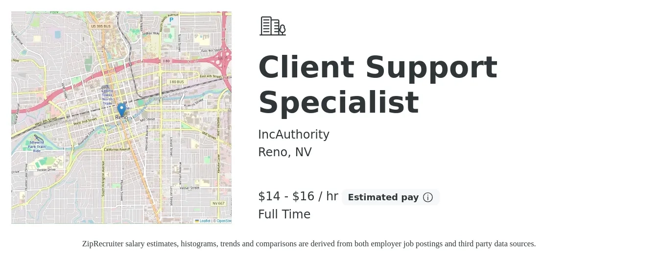 IncAuthority job posting for a Client Support Specialist in Reno, NV with a salary of $15 to $17 Hourly with a map of Reno location.