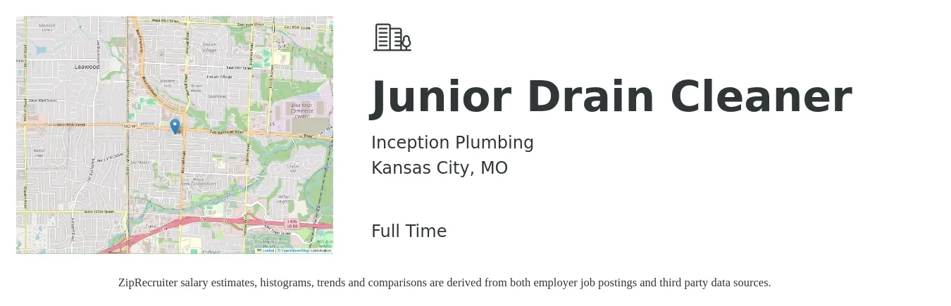 Inception Plumbing job posting for a Junior Drain Cleaner in Kansas City, MO with a salary of $20 to $33 Hourly with a map of Kansas City location.