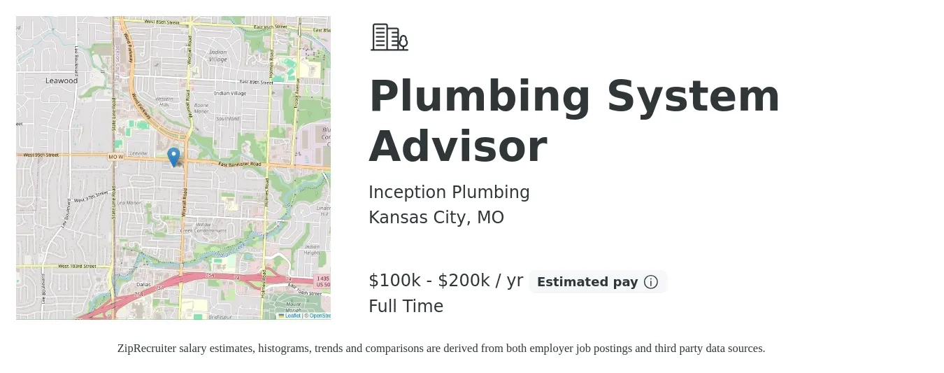 Inception Plumbing job posting for a Plumbing System Advisor in Kansas City, MO with a salary of $100,000 to $200,000 Yearly with a map of Kansas City location.