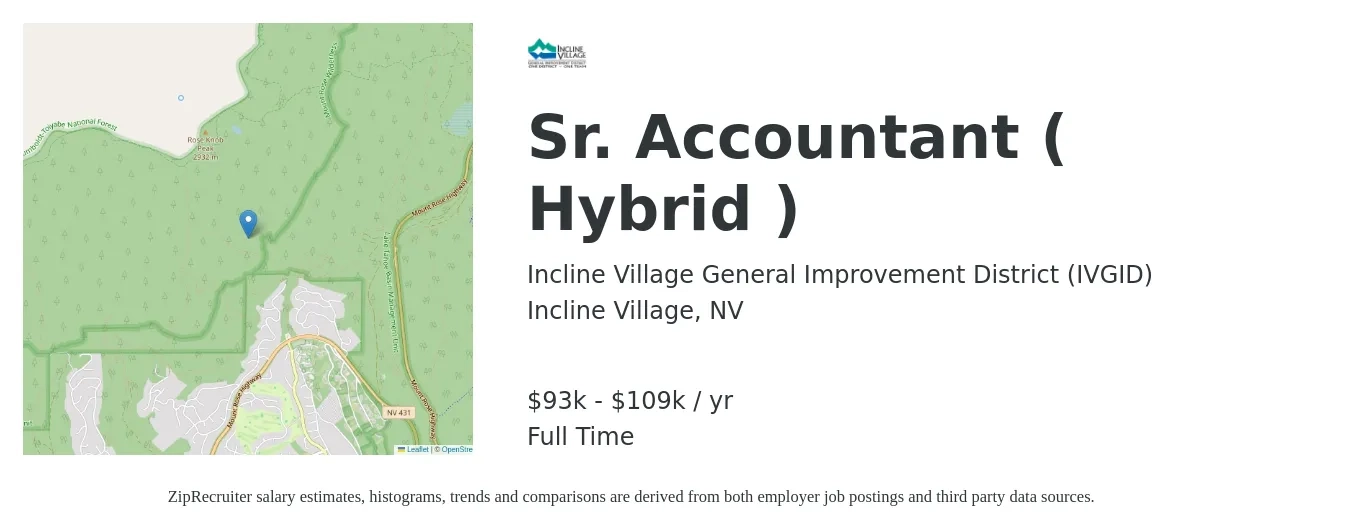 Incline Village General Improvement District (IVGID) job posting for a Sr. Accountant ( Hybrid ) in Incline Village, NV with a salary of $93,779 to $109,409 Yearly with a map of Incline Village location.