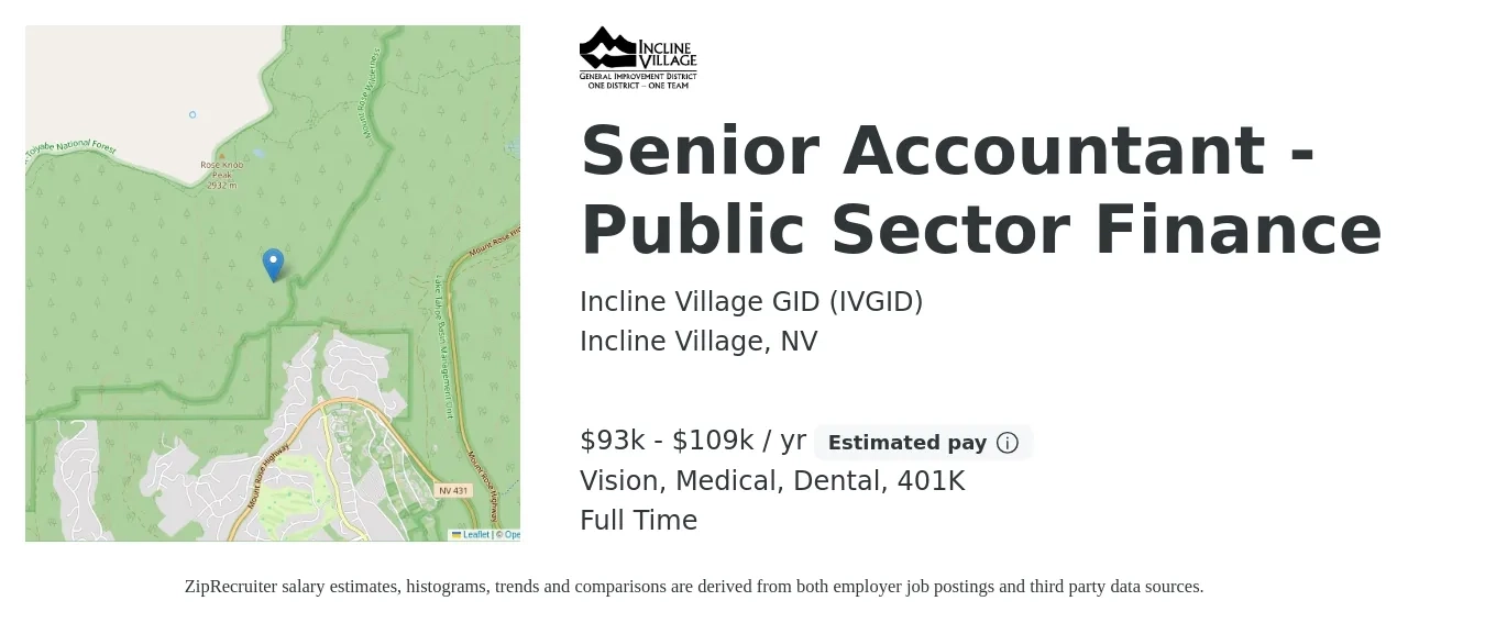 Incline Village GID (IVGID) job posting for a Senior Accountant - Public Sector Finance in Incline Village, NV with a salary of $93,779 to $109,409 Yearly and benefits including medical, vision, 401k, dental, and life_insurance with a map of Incline Village location.