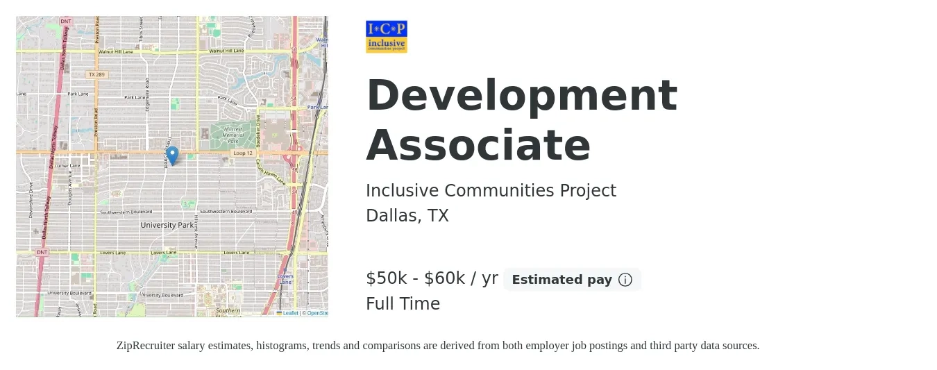 Inclusive Communities Project job posting for a Development Associate in Dallas, TX with a salary of $50,000 to $60,000 Yearly with a map of Dallas location.