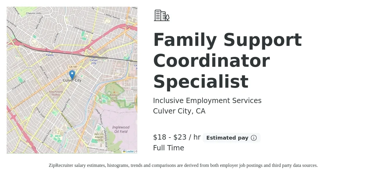 Inclusive Employment Services job posting for a Family Support Coordinator Specialist in Culver City, CA with a salary of $19 to $24 Hourly with a map of Culver City location.