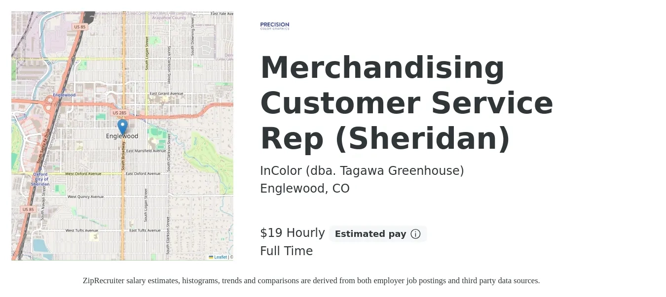InColor (dba. Tagawa Greenhouse) job posting for a Merchandising Customer Service Rep (Sheridan) in Englewood, CO with a salary of $20 Hourly with a map of Englewood location.