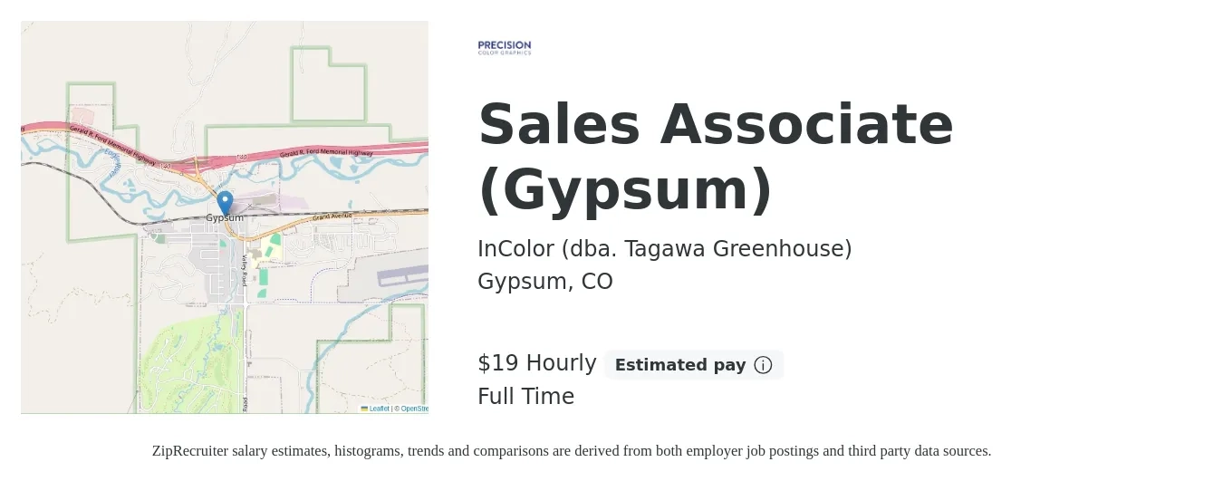 InColor (dba. Tagawa Greenhouse) job posting for a Sales Associate (Gypsum) in Gypsum, CO with a salary of $20 Hourly with a map of Gypsum location.
