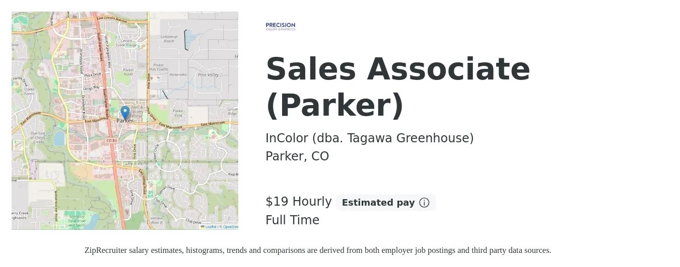 InColor (dba. Tagawa Greenhouse) job posting for a Sales Associate (Parker) in Parker, CO with a salary of $20 Hourly with a map of Parker location.