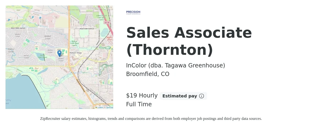InColor (dba. Tagawa Greenhouse) job posting for a Sales Associate (Thornton) in Broomfield, CO with a salary of $20 Hourly with a map of Broomfield location.