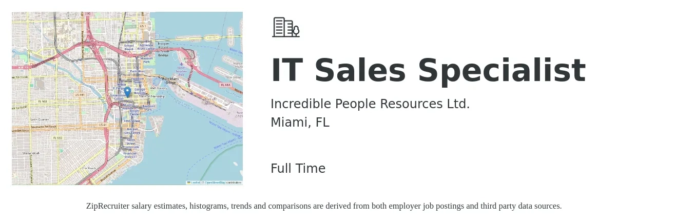 Incredible People Resources Ltd. job posting for a IT Sales Specialist in Miami, FL with a salary of $44,500 to $106,600 Yearly with a map of Miami location.