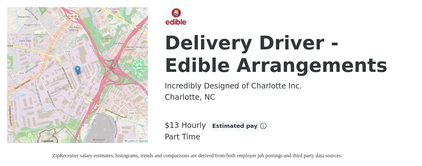 Incredibly Designed of Charlotte Inc. job posting for a Delivery Driver - Edible Arrangements in Charlotte, NC with a salary of $14 Hourly with a map of Charlotte location.