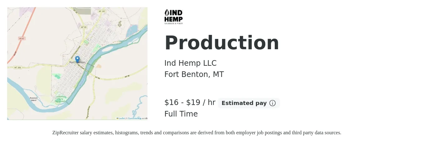 Ind Hemp LLC job posting for a Production in Fort Benton, MT with a salary of $17 to $20 Hourly with a map of Fort Benton location.