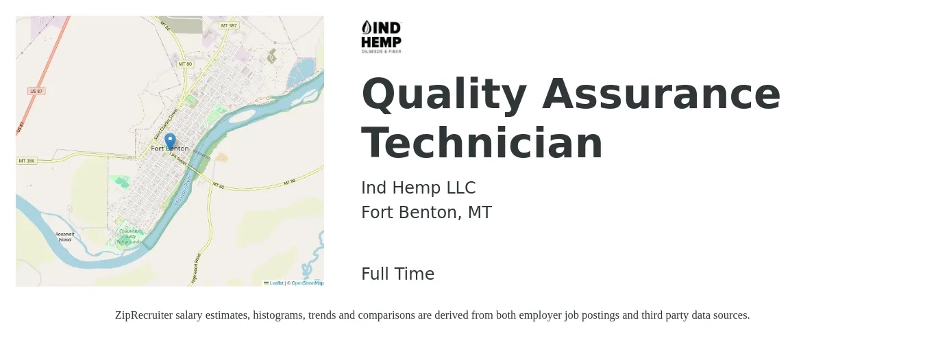 Ind Hemp LLC job posting for a Quality Assurance Technician in Fort Benton, MT with a salary of $18 to $26 Hourly with a map of Fort Benton location.