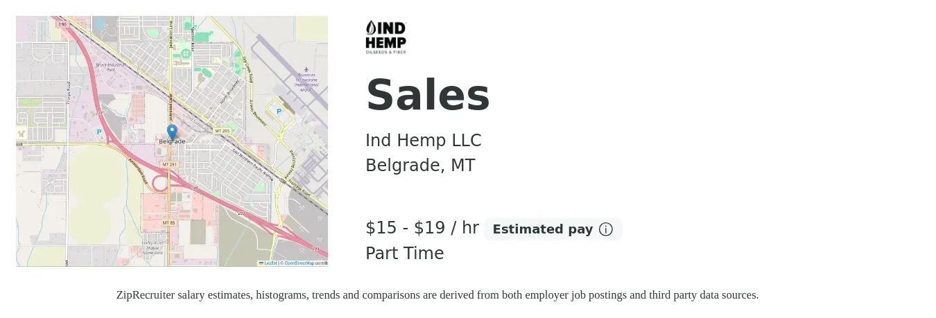 Ind Hemp LLC job posting for a Sales in Belgrade, MT with a salary of $16 to $20 Hourly with a map of Belgrade location.