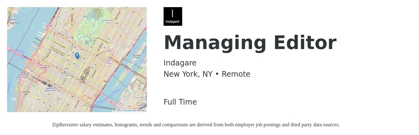 Indagare job posting for a Managing Editor in New York, NY with a salary of $54,200 to $102,800 Yearly with a map of New York location.