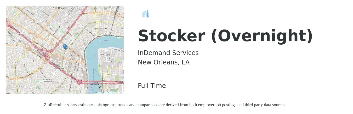 InDemand Services job posting for a Stocker (Overnight) in New Orleans, LA with a salary of $14 to $16 Hourly with a map of New Orleans location.