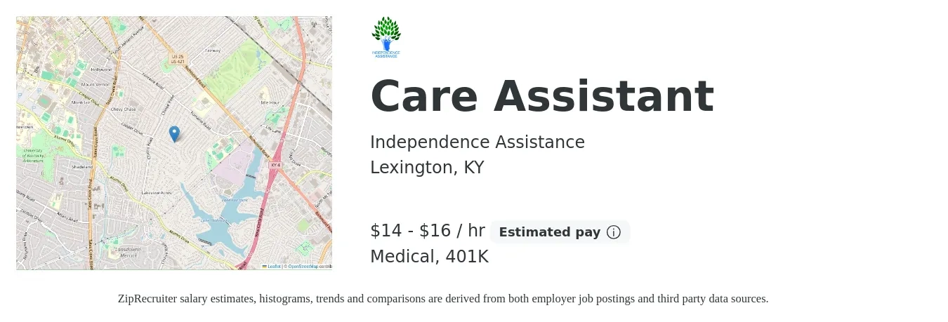 Independence Assistance job posting for a Care Assistant in Lexington, KY with a salary of $15 to $17 Hourly and benefits including medical, and 401k with a map of Lexington location.