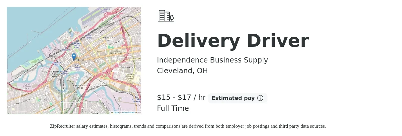 Independence Business Supply job posting for a Delivery Driver in Cleveland, OH with a salary of $16 to $18 Hourly and benefits including life_insurance with a map of Cleveland location.