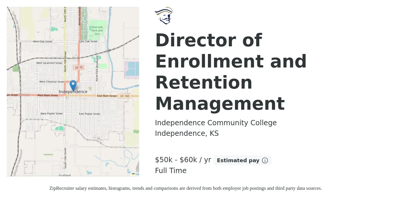 Independence Community College job posting for a Director of Enrollment and Retention Management in Independence, KS with a salary of $50,000 to $60,000 Yearly with a map of Independence location.