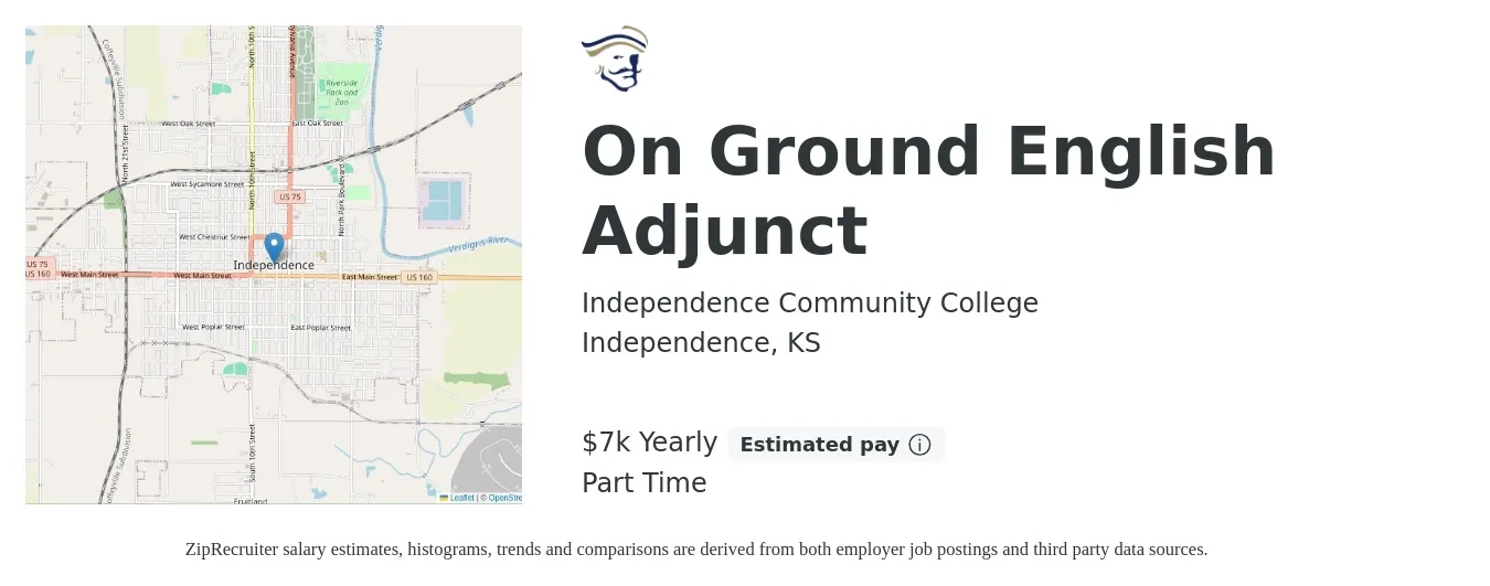 Independence Community College job posting for a On Ground English Adjunct in Independence, KS with a salary of $7,500 Yearly with a map of Independence location.