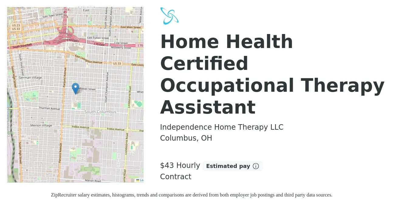 Independence Home Therapy LLC job posting for a Home Health Certified Occupational Therapy Assistant in Columbus, OH with a salary of $45 Hourly with a map of Columbus location.