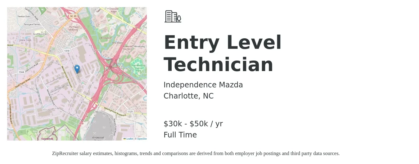 Independence Mazda job posting for a Entry Level Technician in Charlotte, NC with a salary of $30,000 to $50,000 Yearly with a map of Charlotte location.