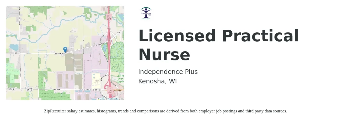 Independence Plus job posting for a Licensed Practical Nurse in Kenosha, WI with a salary of $26 to $35 Hourly with a map of Kenosha location.