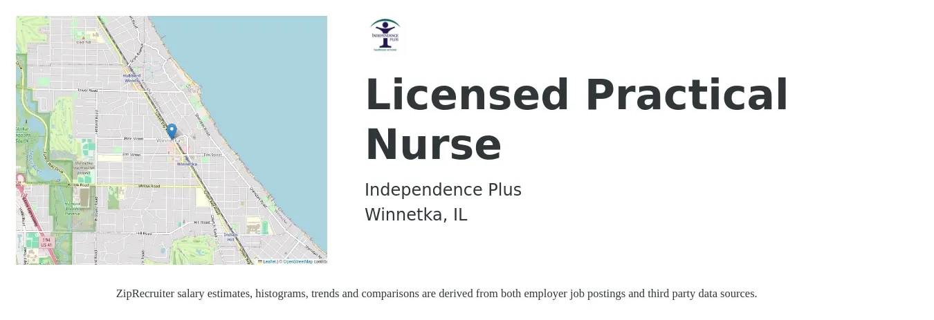 Independence Plus job posting for a Licensed Practical Nurse in Winnetka, IL with a salary of $27 to $37 Hourly with a map of Winnetka location.