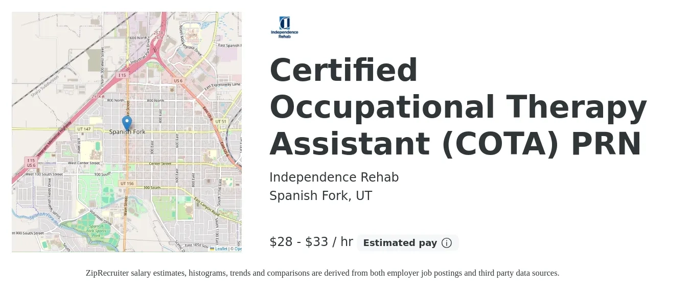 Independence Rehab job posting for a Certified Occupational Therapy Assistant (COTA) PRN in Spanish Fork, UT with a salary of $30 to $35 Hourly with a map of Spanish Fork location.