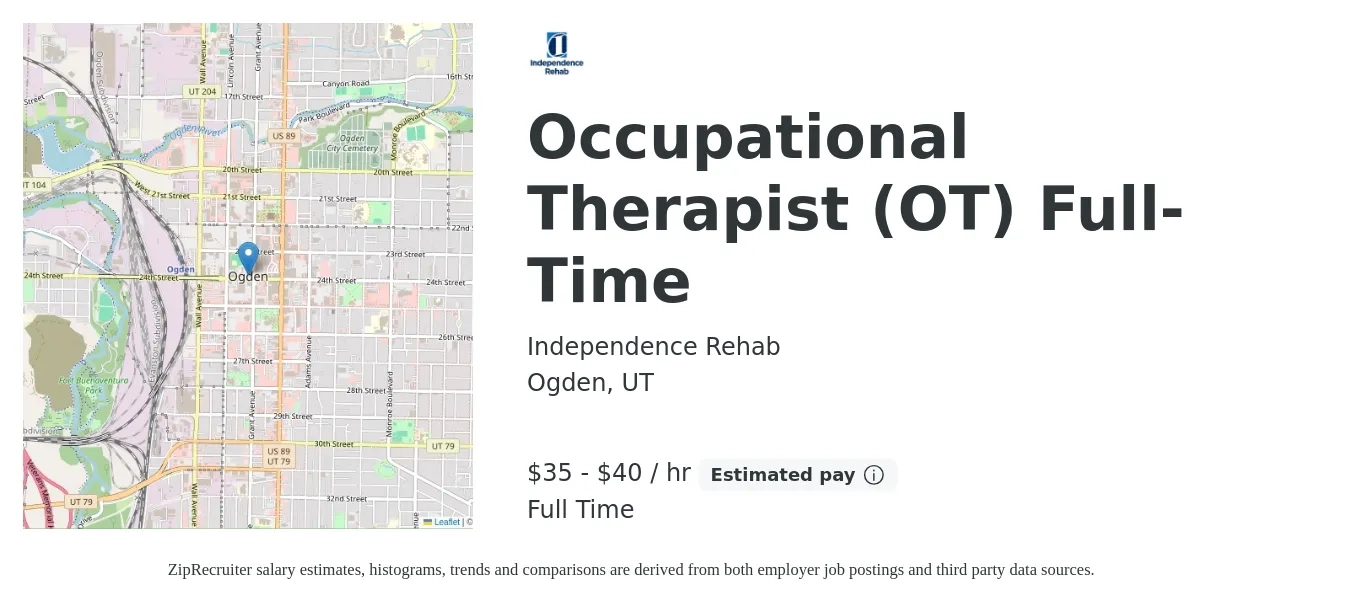 Independence Rehab job posting for a Occupational Therapist (OT) Full-Time in Ogden, UT with a salary of $37 to $42 Hourly with a map of Ogden location.