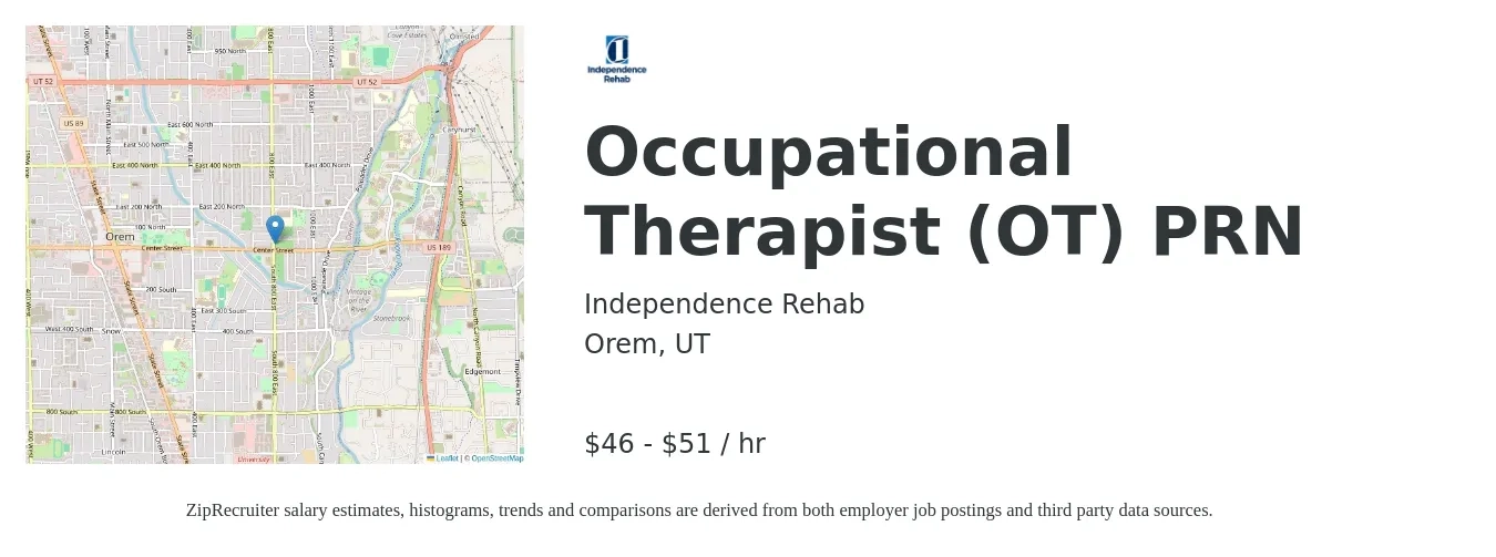 Independence Rehab job posting for a Occupational Therapist (OT) PRN in Orem, UT with a salary of $48 to $54 Hourly with a map of Orem location.