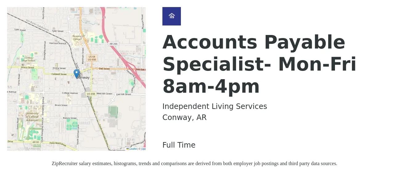 Independent Living Services job posting for a Accounts Payable Specialist- Mon-Fri 8am-4pm in Conway, AR with a salary of $19 to $24 Hourly with a map of Conway location.