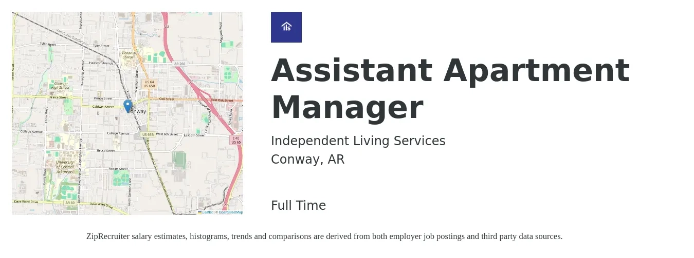 Independent Living Services job posting for a Assistant Apartment Manager in Conway, AR with a salary of $17 to $20 Hourly with a map of Conway location.