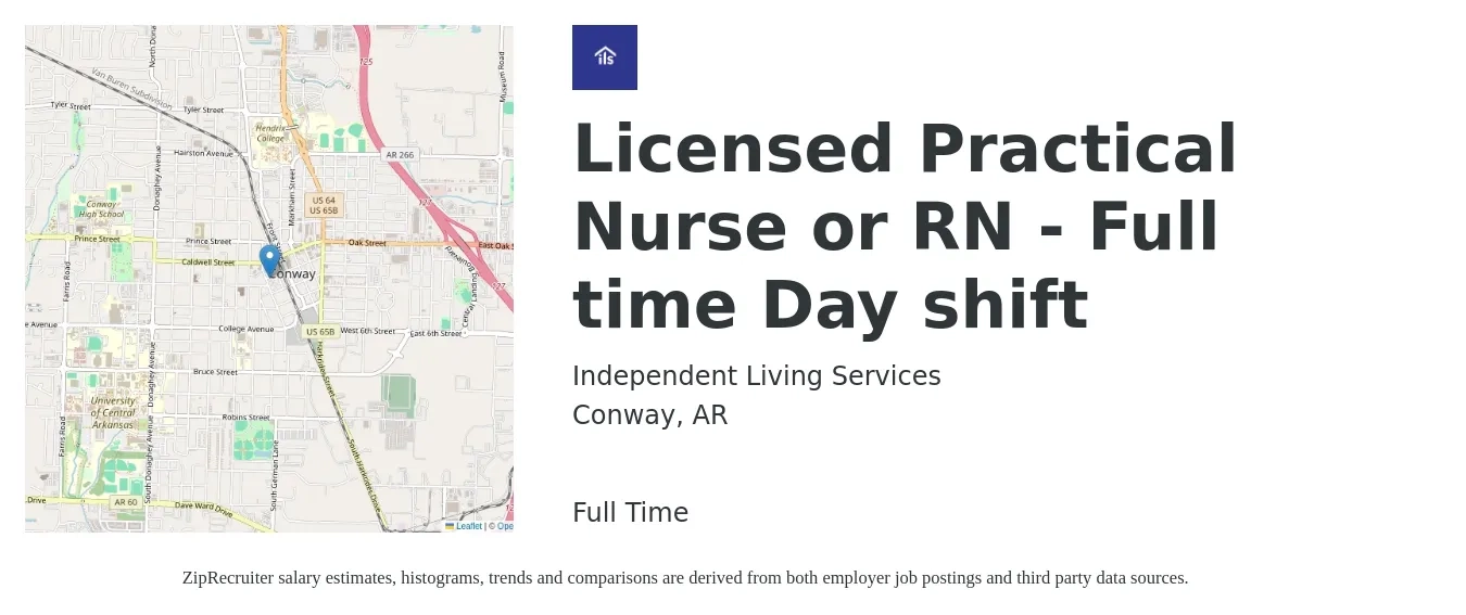 Independent Living Services job posting for a Licensed Practical Nurse or RN - Full time Day shift in Conway, AR with a salary of $23 to $30 Hourly with a map of Conway location.