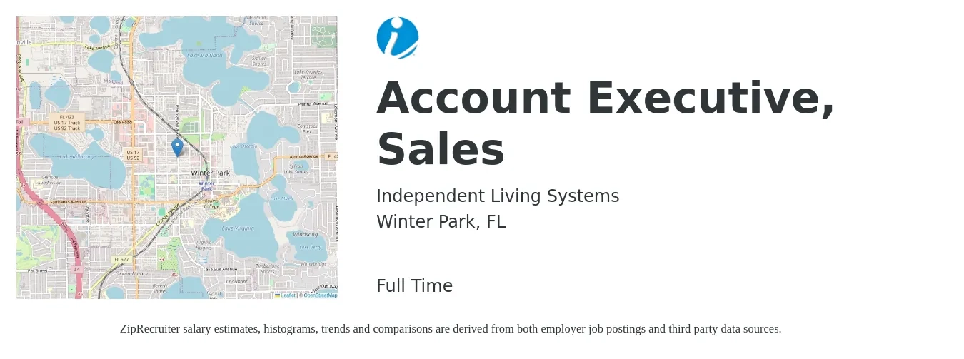 Independent Living Systems job posting for a Account Executive, Sales in Winter Park, FL with a salary of $50,200 to $78,900 Yearly with a map of Winter Park location.