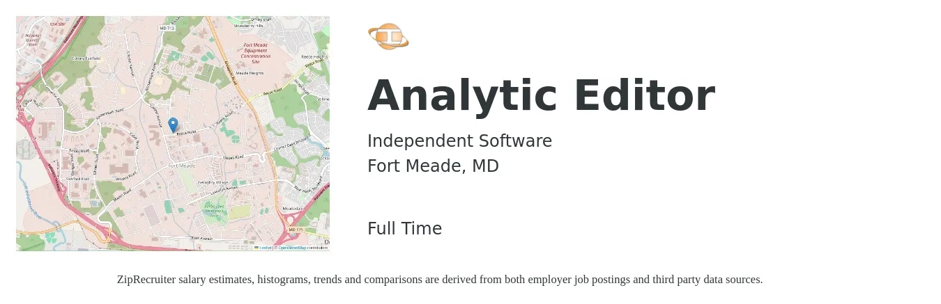 Independent Software job posting for a Analytic Editor in Fort Meade, MD with a salary of $25 to $46 Hourly with a map of Fort Meade location.