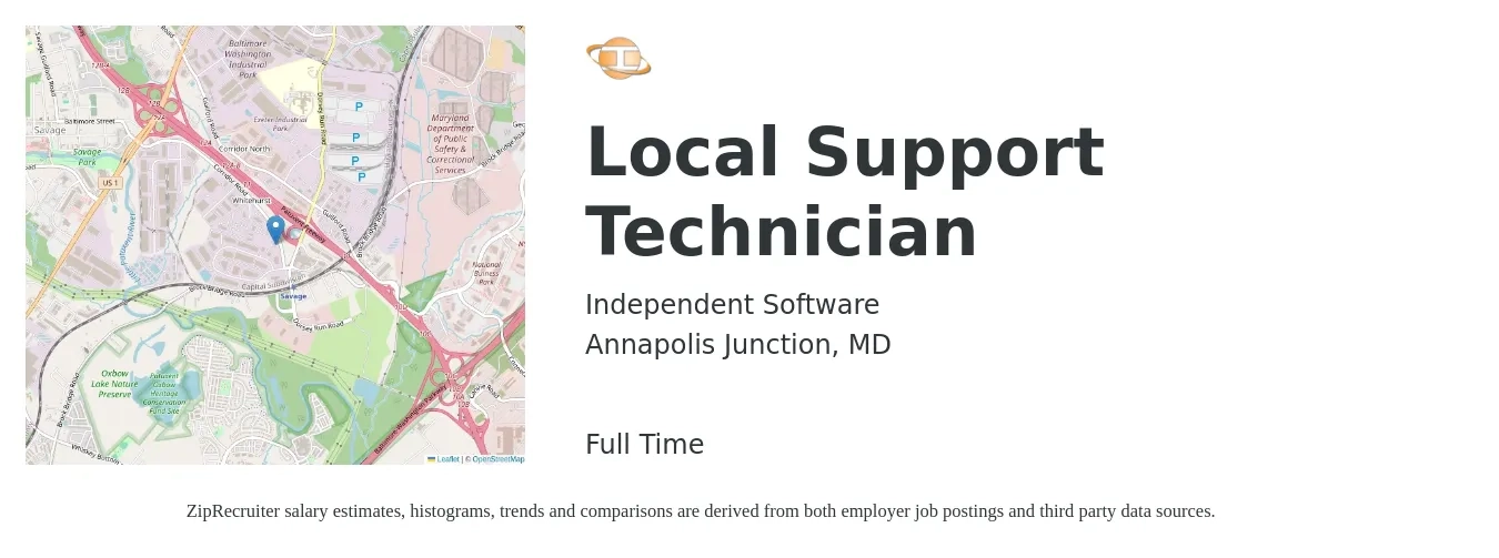 Independent Software job posting for a Local Support Technician in Annapolis Junction, MD with a salary of $19 to $28 Hourly with a map of Annapolis Junction location.