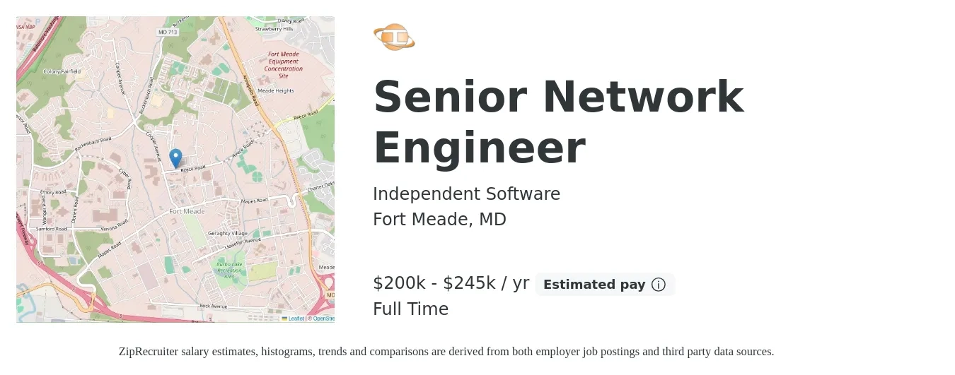Independent Software job posting for a Senior Network Engineer in Fort Meade, MD with a salary of $200,000 to $245,000 Yearly with a map of Fort Meade location.