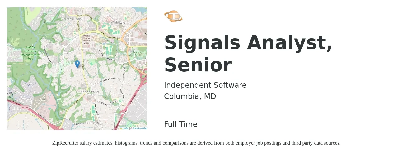 Independent Software job posting for a Signals Analyst, Senior in Columbia, MD with a salary of $85,700 to $113,500 Yearly with a map of Columbia location.